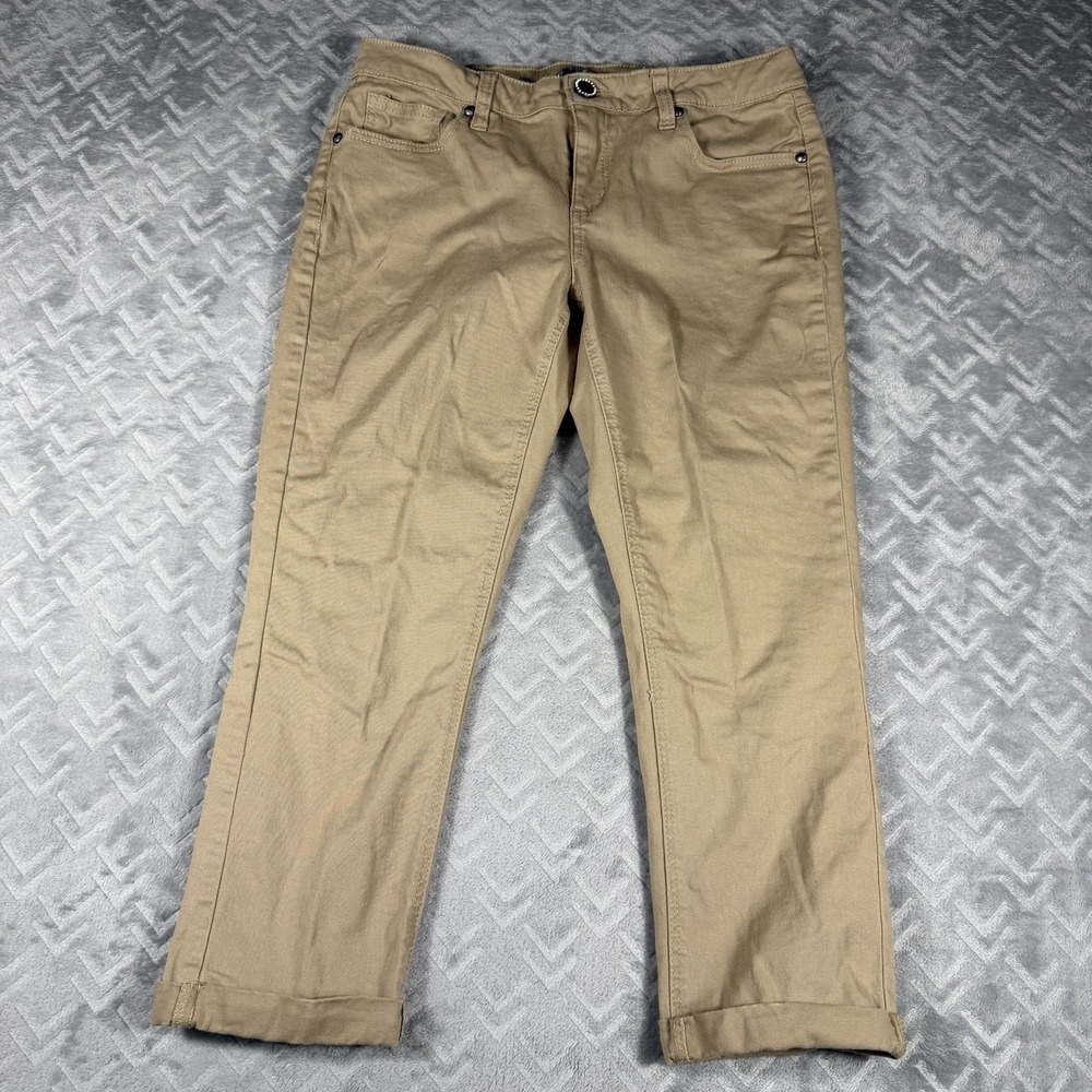 New Directions Weekend Size 6 Khaki Brown Pants Bling Button Cropped Ankle